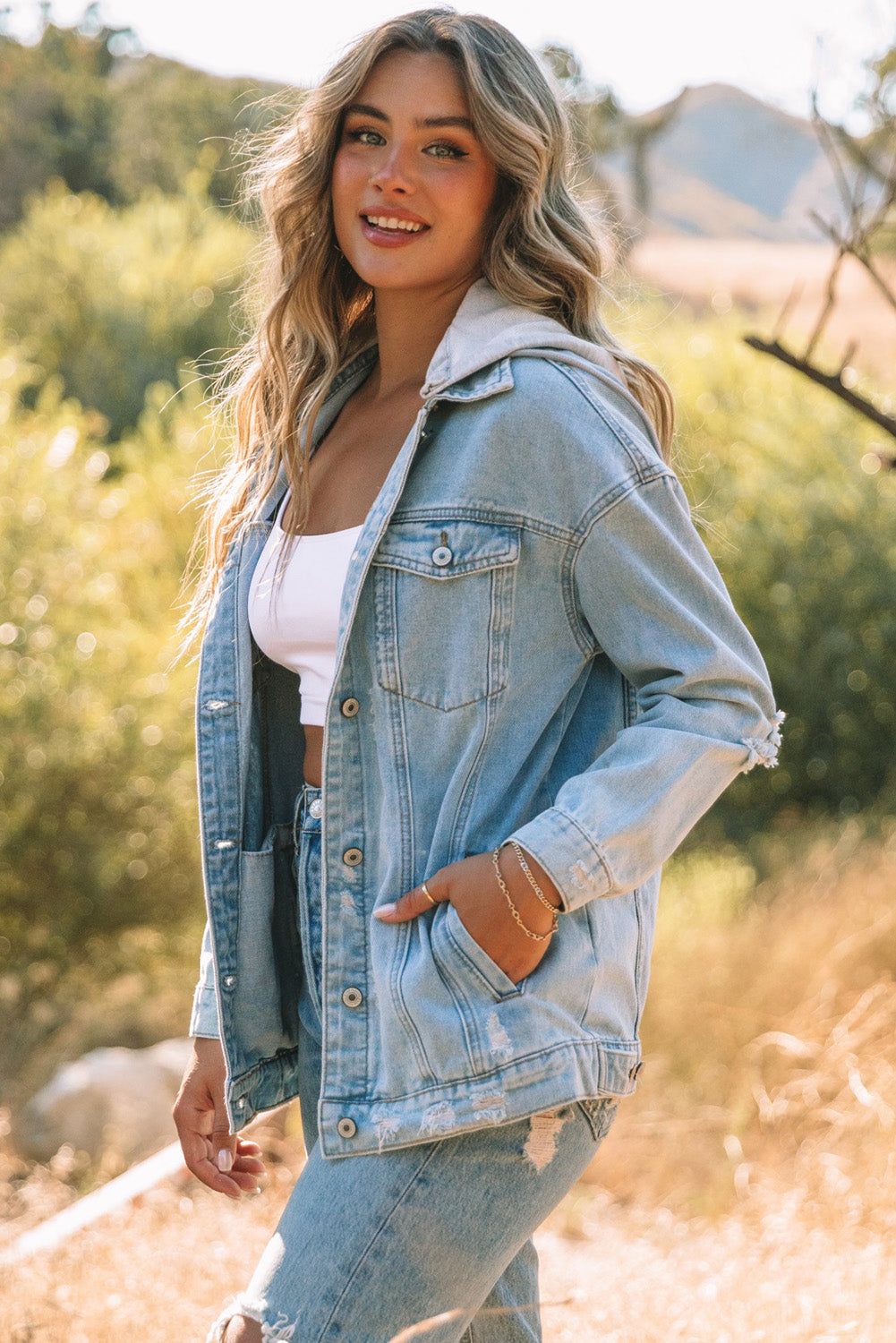 Sky Blue Button Closure Ripped Hooded Denim Jacket - Premium Outerwear from Momma Done Gone Crafty- Just $60.00! Shop now at Momma Done Gone Crafty