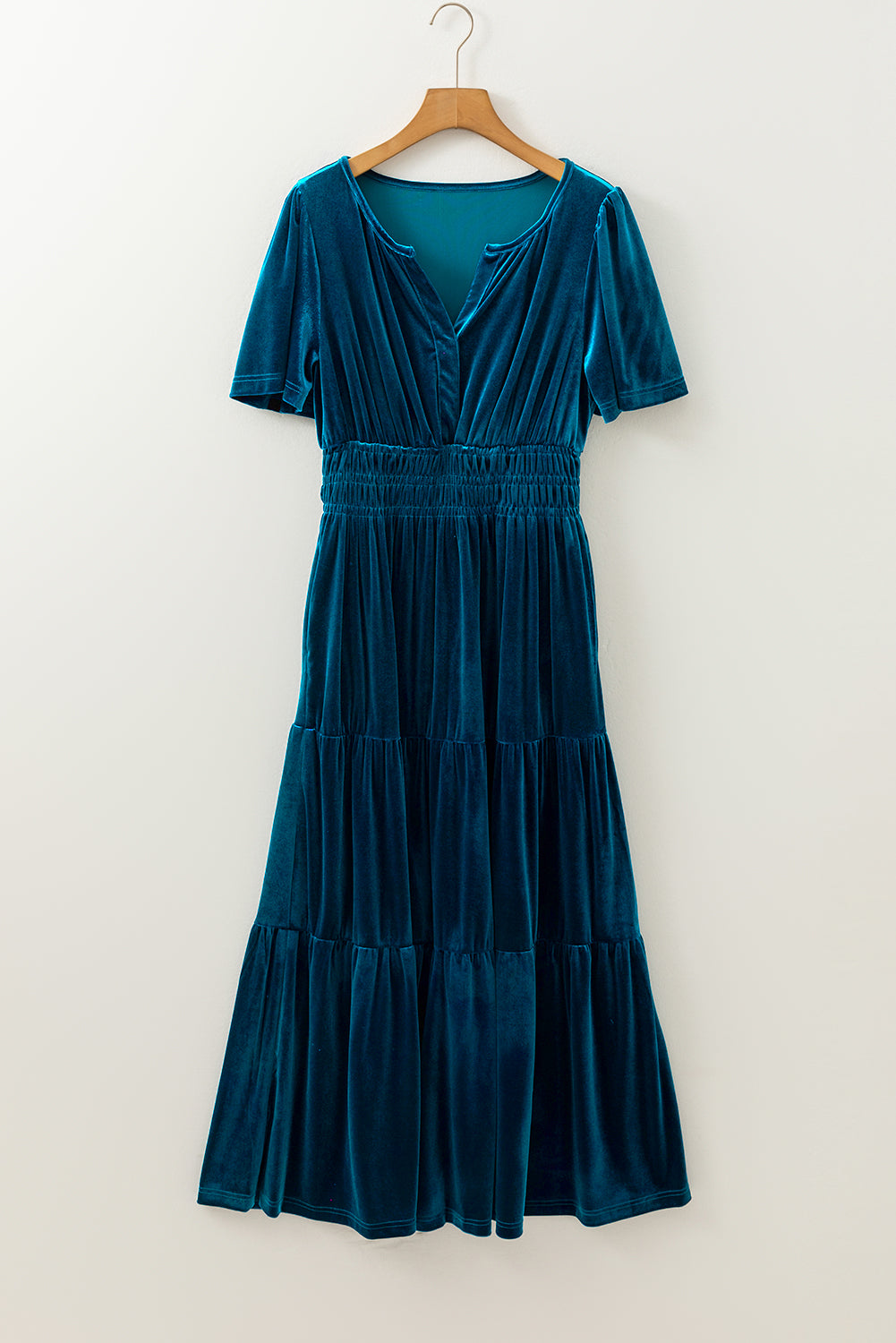 Prussian Blue Velvet Short Sleeve Shirred Waist Tiered Maxi Dress - Premium Dresses/Maxi Dresses from Momma Done Gone Crafty- Just $52.99! Shop now at Momma Done Gone Crafty