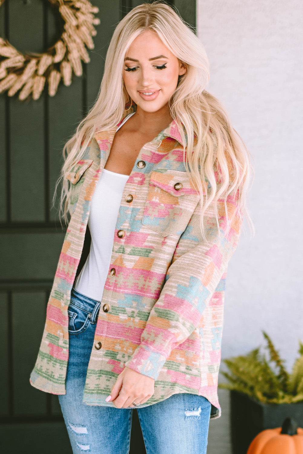 Multicolor Western Aztec Print Button Flap Pocket Shacket - Premium Outerwear from Momma Done Gone Crafty- Just $38.99! Shop now at Momma Done Gone Crafty