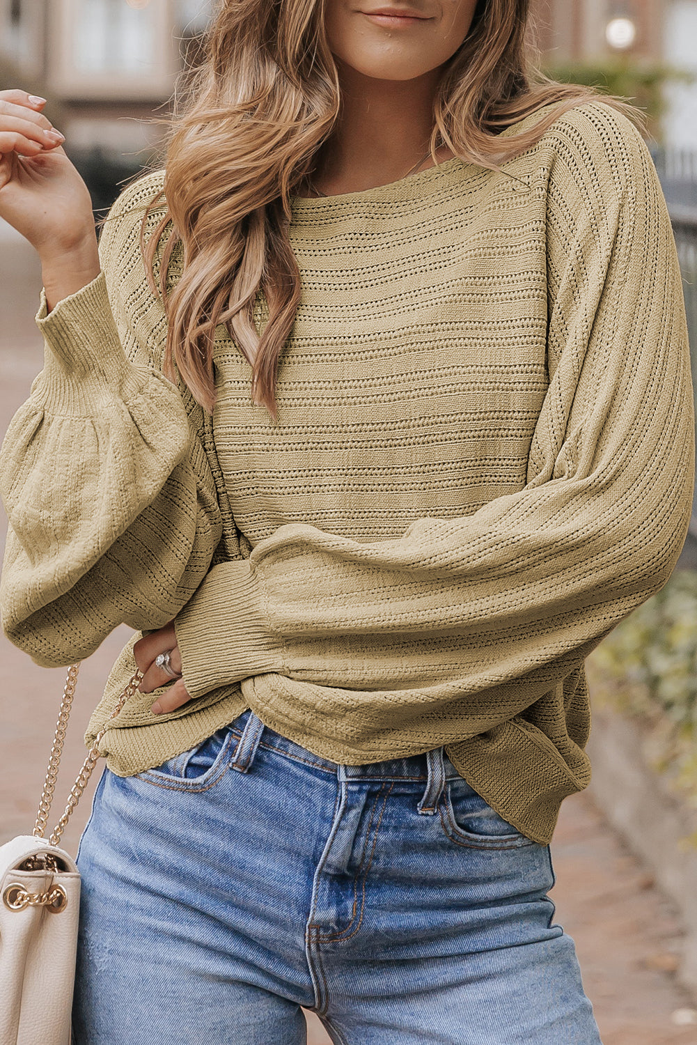 Apricot Lantern Sleeve Eyelets Textured Knit Sweater - Premium Tops from Momma Done Gone Crafty- Just $37.20! Shop now at Momma Done Gone Crafty