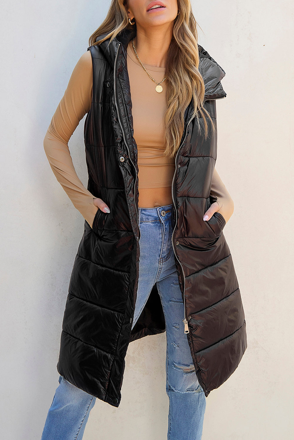 Black Hooded Long Quilted Vest Coat - Premium Outerwear from Momma Done Gone Crafty- Just $90.72! Shop now at Momma Done Gone Crafty