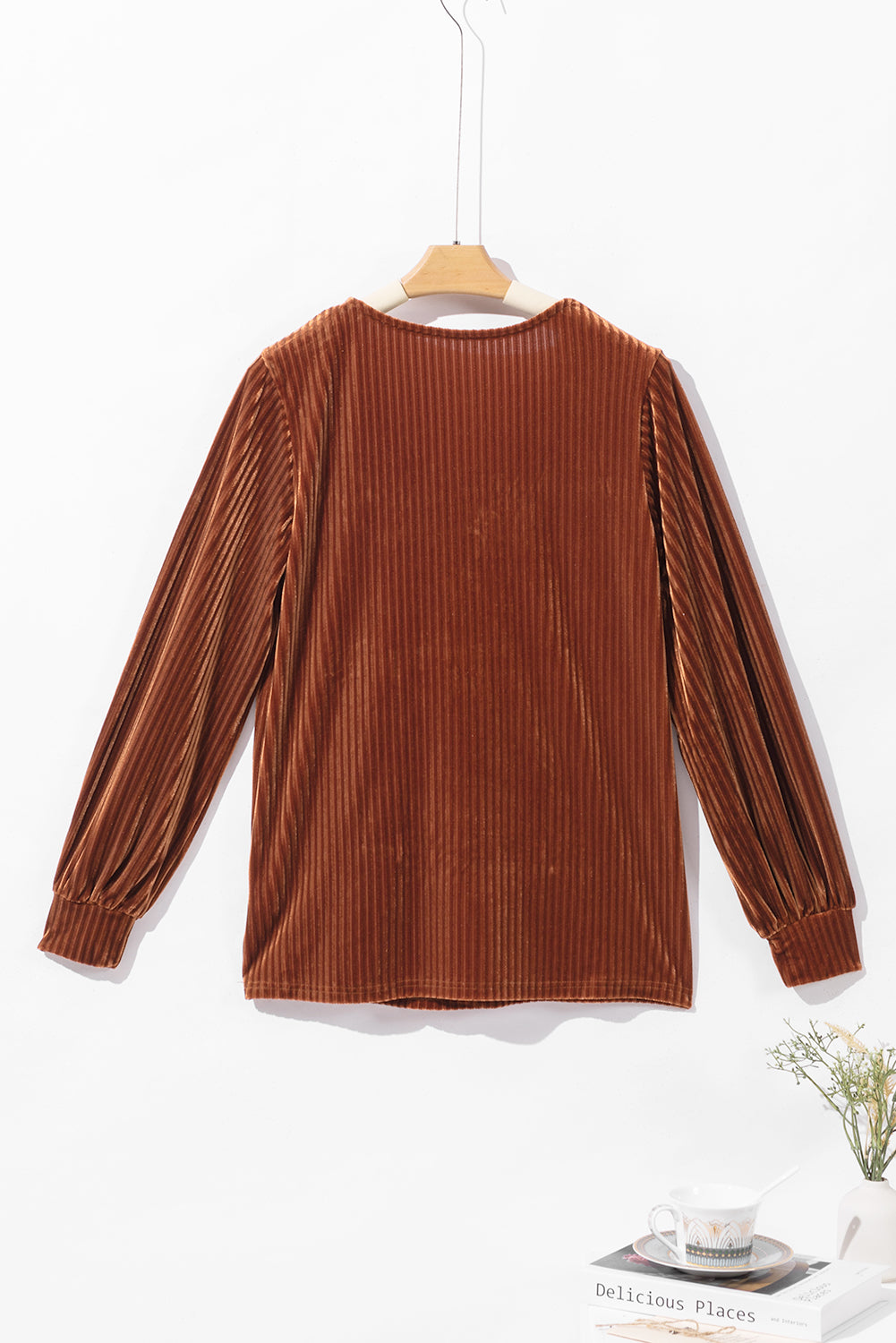 Chestnut Half Zip V Neck Ribbed Velvet Top - Premium Tops/Long Sleeve Tops from Momma Done Gone Crafty- Just $24.99! Shop now at Momma Done Gone Crafty