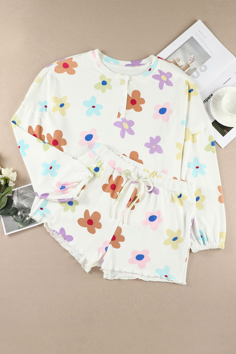 White Floral Long Sleeve Henley Top and Drawstring Shorts Set - Premium Loungewear from Momma Done Gone Crafty- Just $60.27! Shop now at Momma Done Gone Crafty