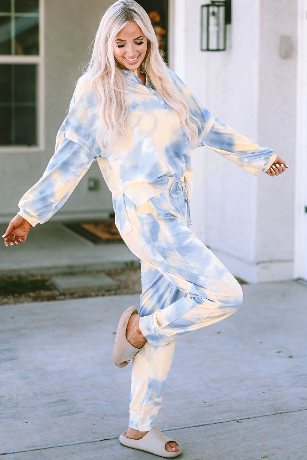 Multicolor Tie Dye Henley Top and Drawstring Pants Outfit - Premium Loungewear from Momma Done Gone Crafty- Just $39.99! Shop now at Momma Done Gone Crafty