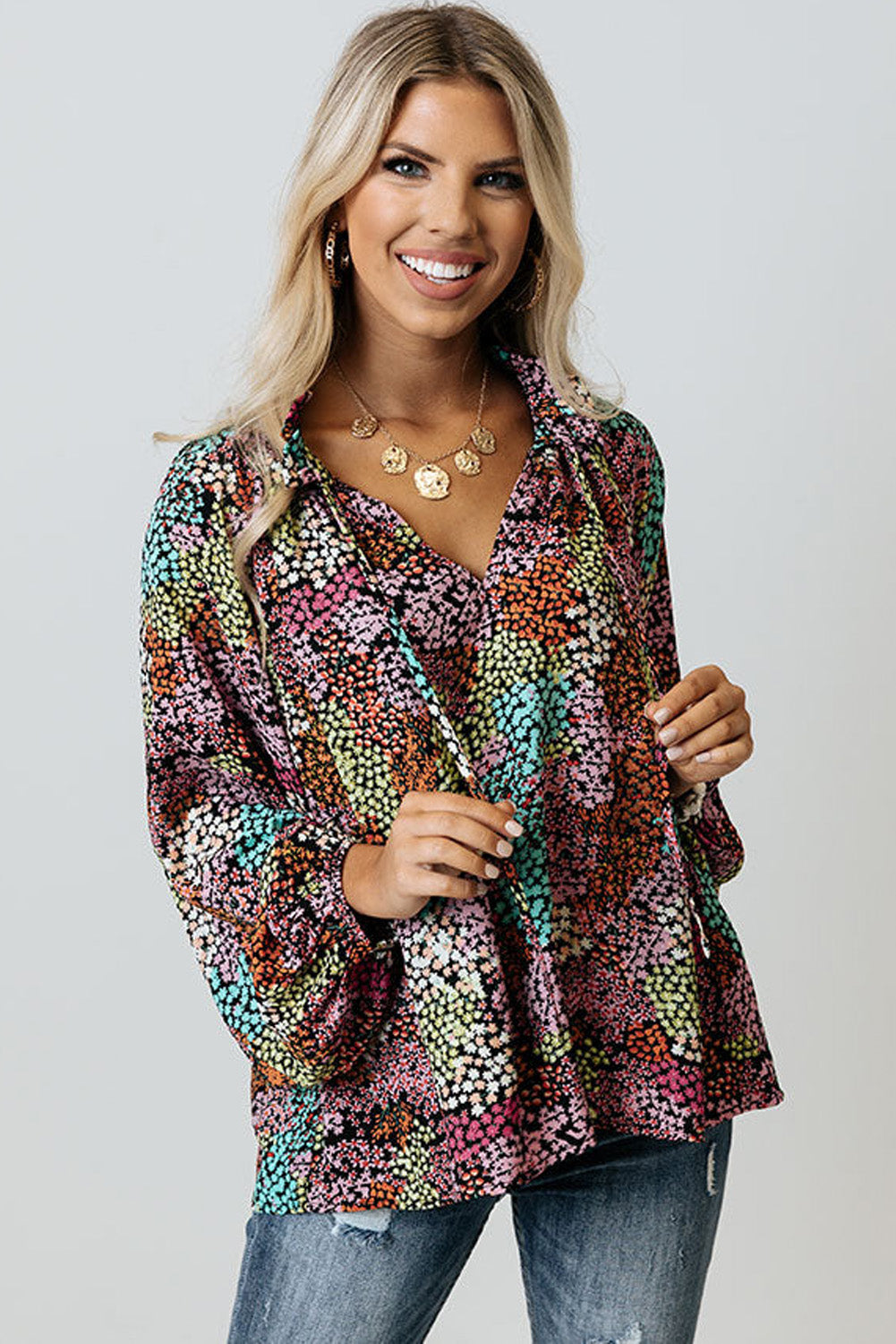 Multicolor Vibrant Floral Tie V Neck Puff Sleeve Blouse - Premium Tops from Momma Done Gone Crafty- Just $34.00! Shop now at Momma Done Gone Crafty