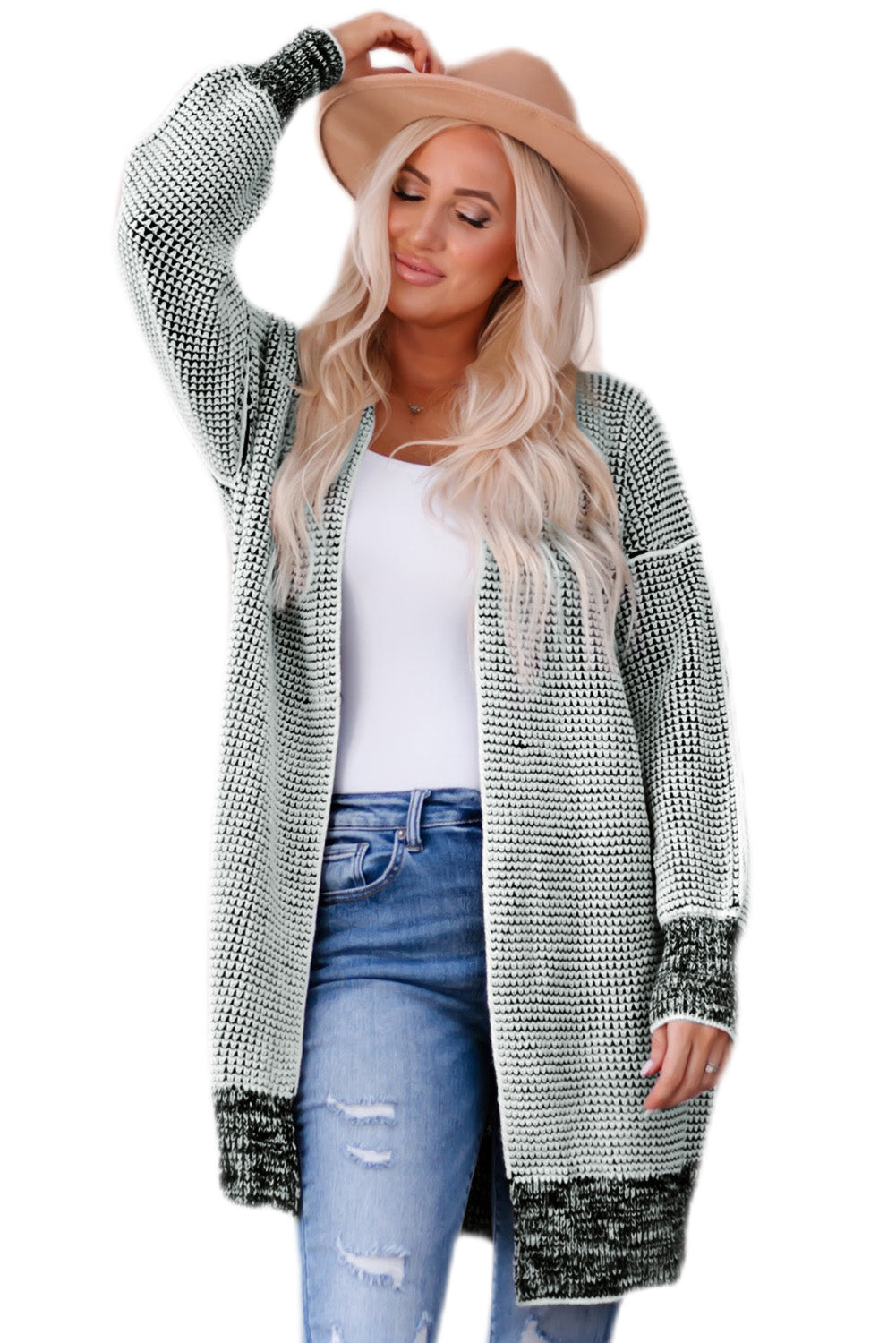 Gray Plaid Knitted Long Open Front Cardigan