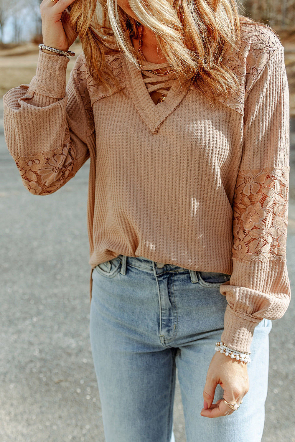 Apricot Lace Waffle Patchwork Strappy V Neck Long Sleeve Top - Premium Tops from Momma Done Gone Crafty- Just $23.10! Shop now at Momma Done Gone Crafty