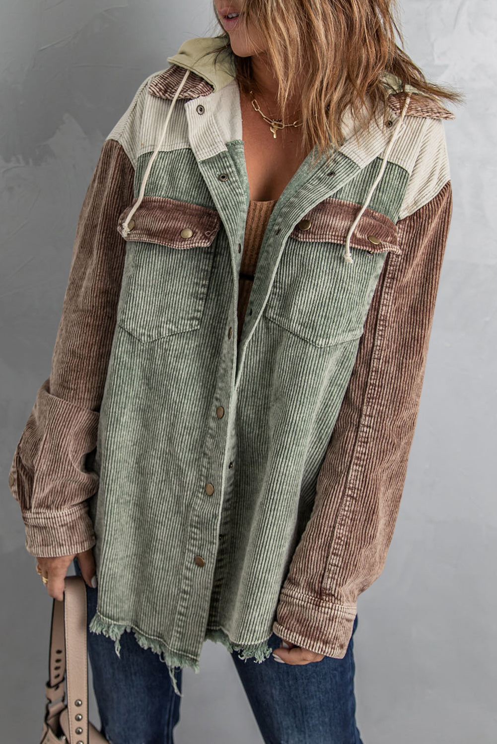 Green Color Block Button Down Hooded Corduroy Jacket - Premium Outerwear from Momma Done Gone Crafty- Just $54.00! Shop now at Momma Done Gone Crafty