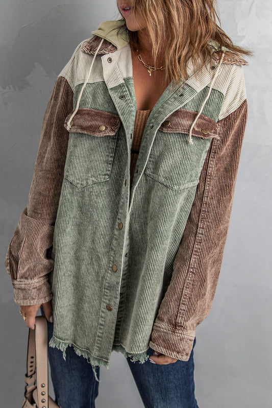 Green Color Block Button Down Hooded Corduroy Jacket - Premium Outerwear from Momma Done Gone Crafty- Just $54.00! Shop now at Momma Done Gone Crafty