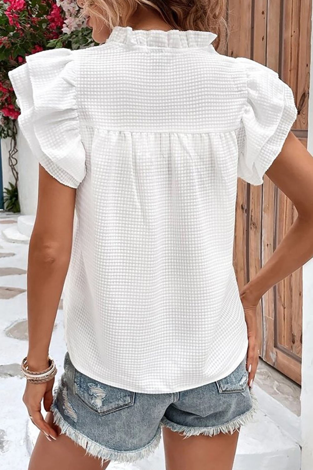 White Ruffle Accent Flutter Sleeve Notch Neck Top - Premium Tops from Momma Done Gone Crafty- Just $16.00! Shop now at Momma Done Gone Crafty