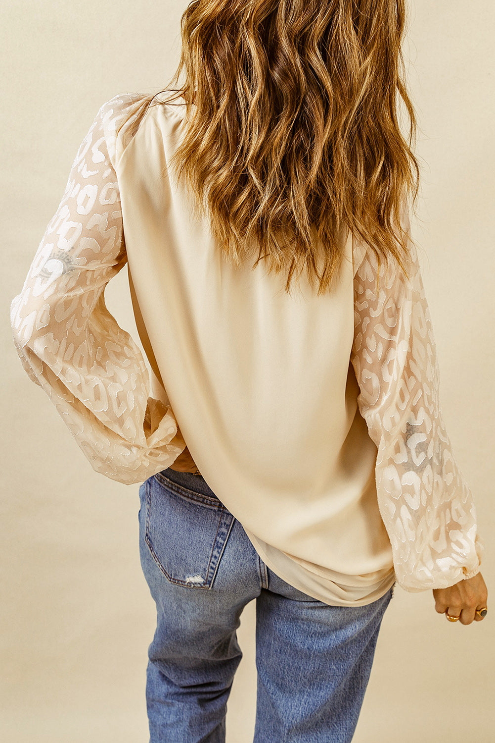 Beige Leopard Mesh Bubble Sleeve Split Neck Blouse - Premium Tops from Momma Done Gone Crafty- Just $38.94! Shop now at Momma Done Gone Crafty