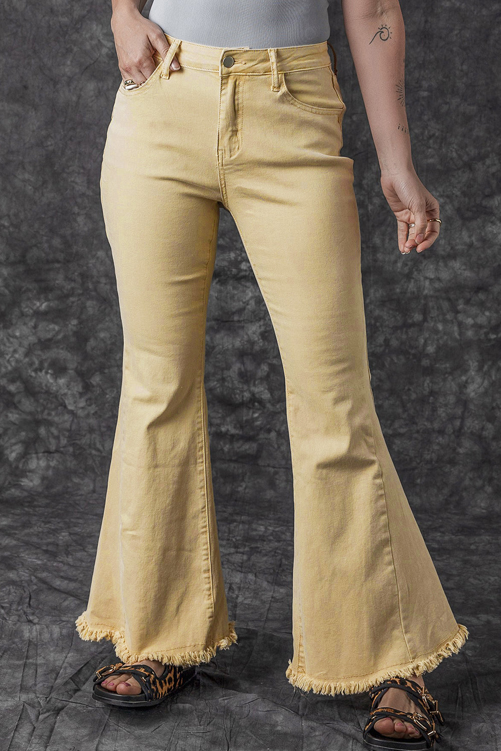 Khaki Raw Edge Mid Waist Flared Jeans - Premium Bottoms from Momma Done Gone Crafty- Just $60! Shop now at Momma Done Gone Crafty