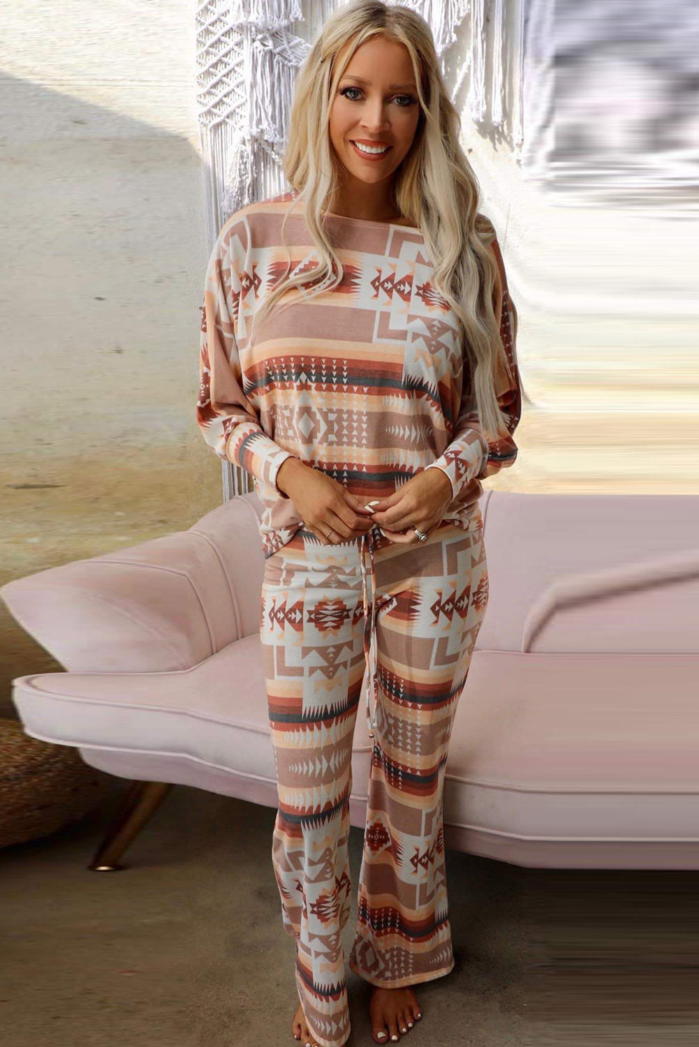 Multicolour Aztec Print Puff Sleeve Pullover and Pants Lounge Outfit - Premium Loungewear from Momma Done Gone Crafty- Just $55.11! Shop now at Momma Done Gone Crafty