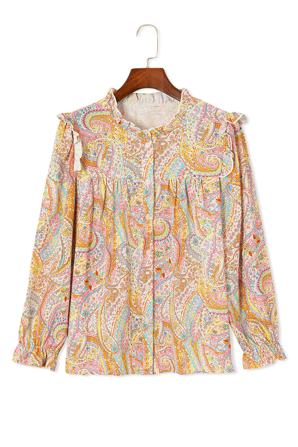 Yellow Paisley Print Ruffled Trim Boho Shirt - Premium Tops from Momma Done Gone Crafty- Just $33.30! Shop now at Momma Done Gone Crafty