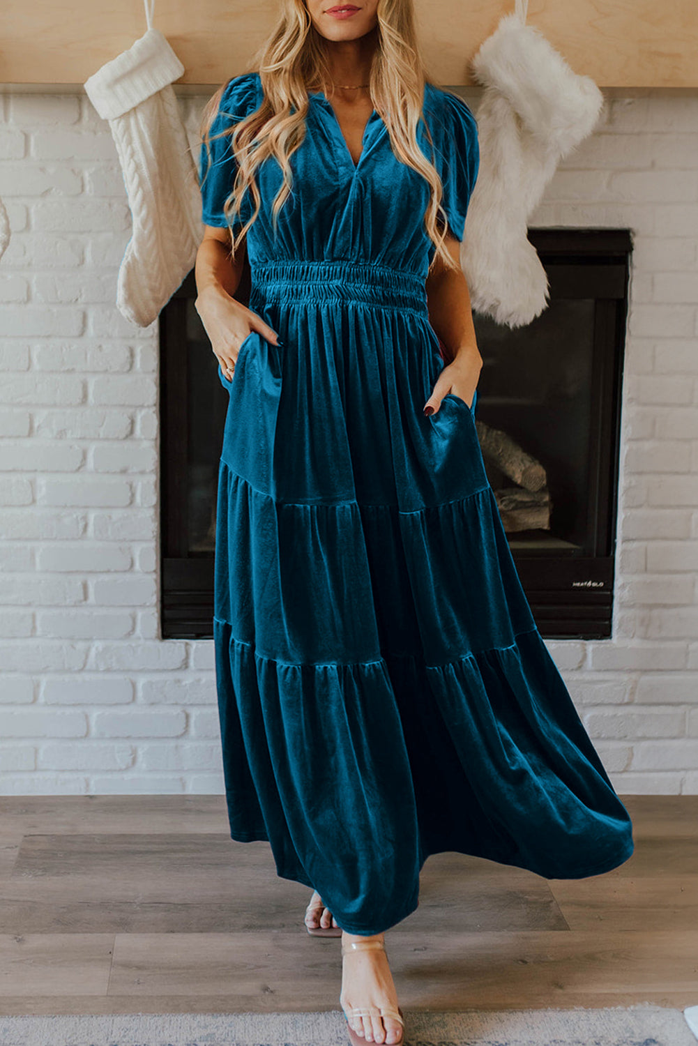 Prussian Blue Velvet Short Sleeve Shirred Waist Tiered Maxi Dress - Premium Dresses/Maxi Dresses from Momma Done Gone Crafty- Just $52.99! Shop now at Momma Done Gone Crafty