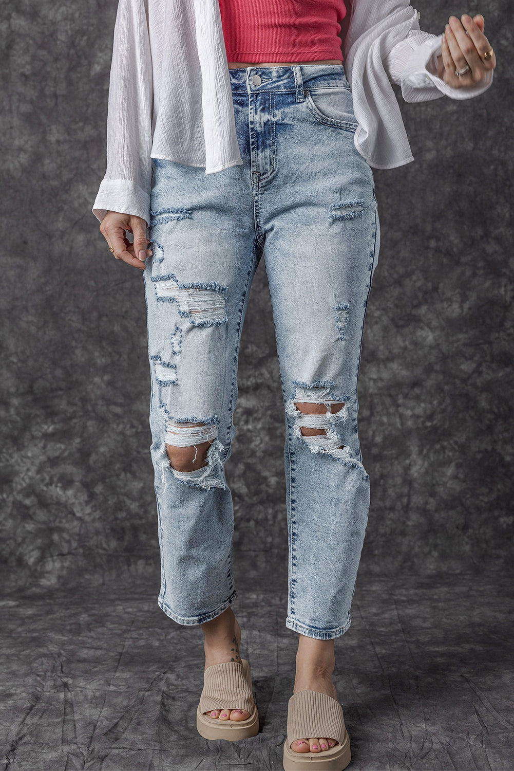 Sky Blue Light Wash Frayed Slim Fit High Waist Jeans - Premium Bottoms from Momma Done Gone Crafty- Just $71.97! Shop now at Momma Done Gone Crafty