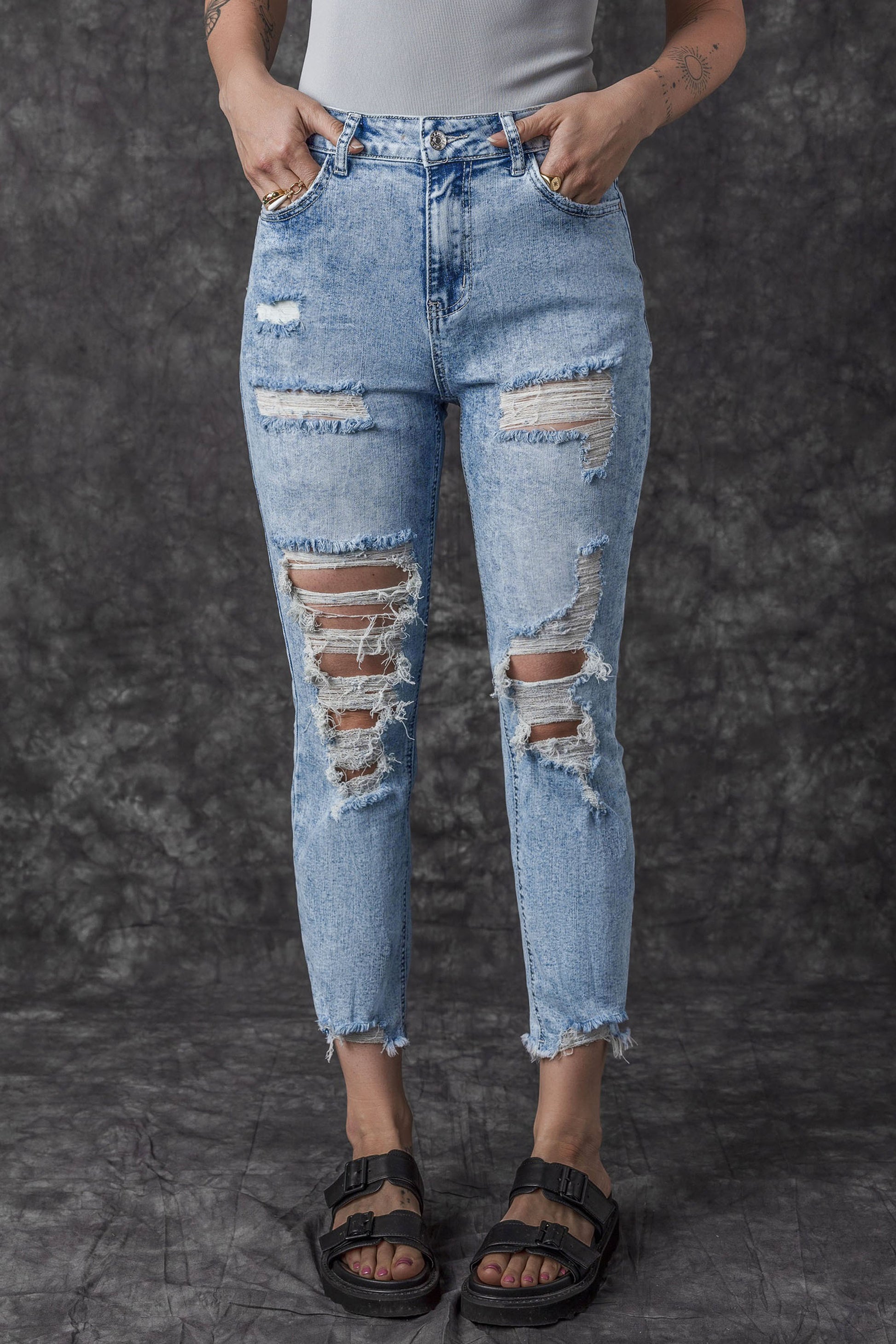 Sky Blue Acid Wash Distressed Slim Fit Jeans - Premium Bottoms from Momma Done Gone Crafty- Just $67.32! Shop now at Momma Done Gone Crafty