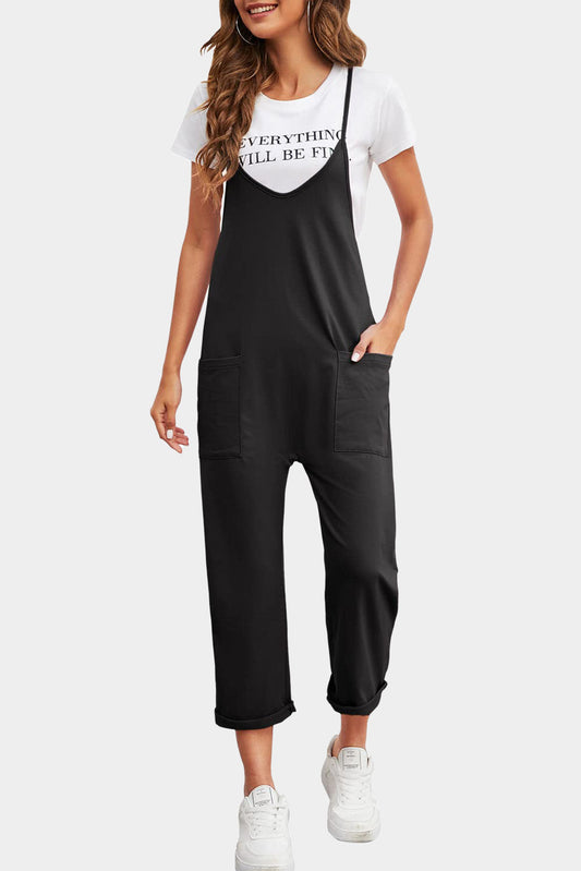 Black Pocketed Adjustable Spaghetti Strap Straight Leg Jumpsuit - Premium Bottoms from Momma Done Gone Crafty- Just $26.99! Shop now at Momma Done Gone Crafty