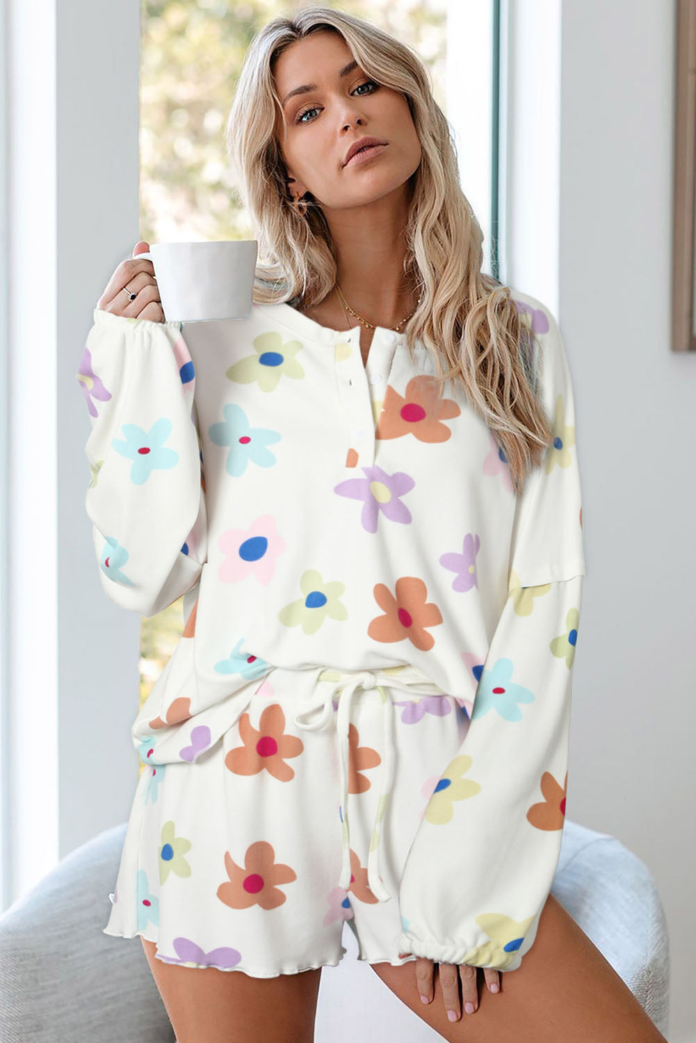 White Floral Long Sleeve Henley Top and Drawstring Shorts Set - Premium Loungewear from Momma Done Gone Crafty- Just $60.27! Shop now at Momma Done Gone Crafty