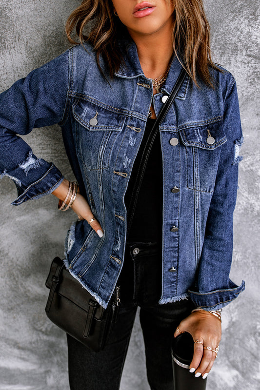 Blue Lapel Distressed Raw Hem Buttons Denim Jacket - Premium Outerwear from Momma Done Gone Crafty- Just $65.99! Shop now at Momma Done Gone Crafty