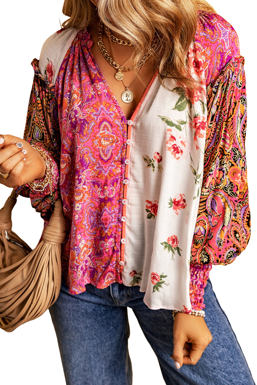 Multicolor Floral Patchwork Shirred Cuff Buttoned V Neck Blouse - Premium Tops from Momma Done Gone Crafty- Just $41.94! Shop now at Momma Done Gone Crafty