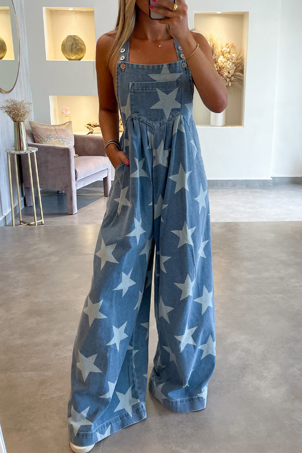 Star Print Buttoned Strap Pleat Wide Leg Denim Overall - Premium Bottoms/Jumpsuits & Rompers from Momma Done Gone Crafty- Just $58.99! Shop now at Momma Done Gone Crafty