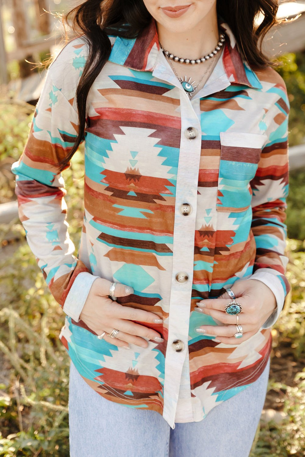 Multicolor Aztec Print Buttoned Pocket Chest Long Sleeve Shirt - Premium Tops/Blouses & Shirts from Momma Done Gone Crafty- Just $33.99! Shop now at Momma Done Gone Crafty