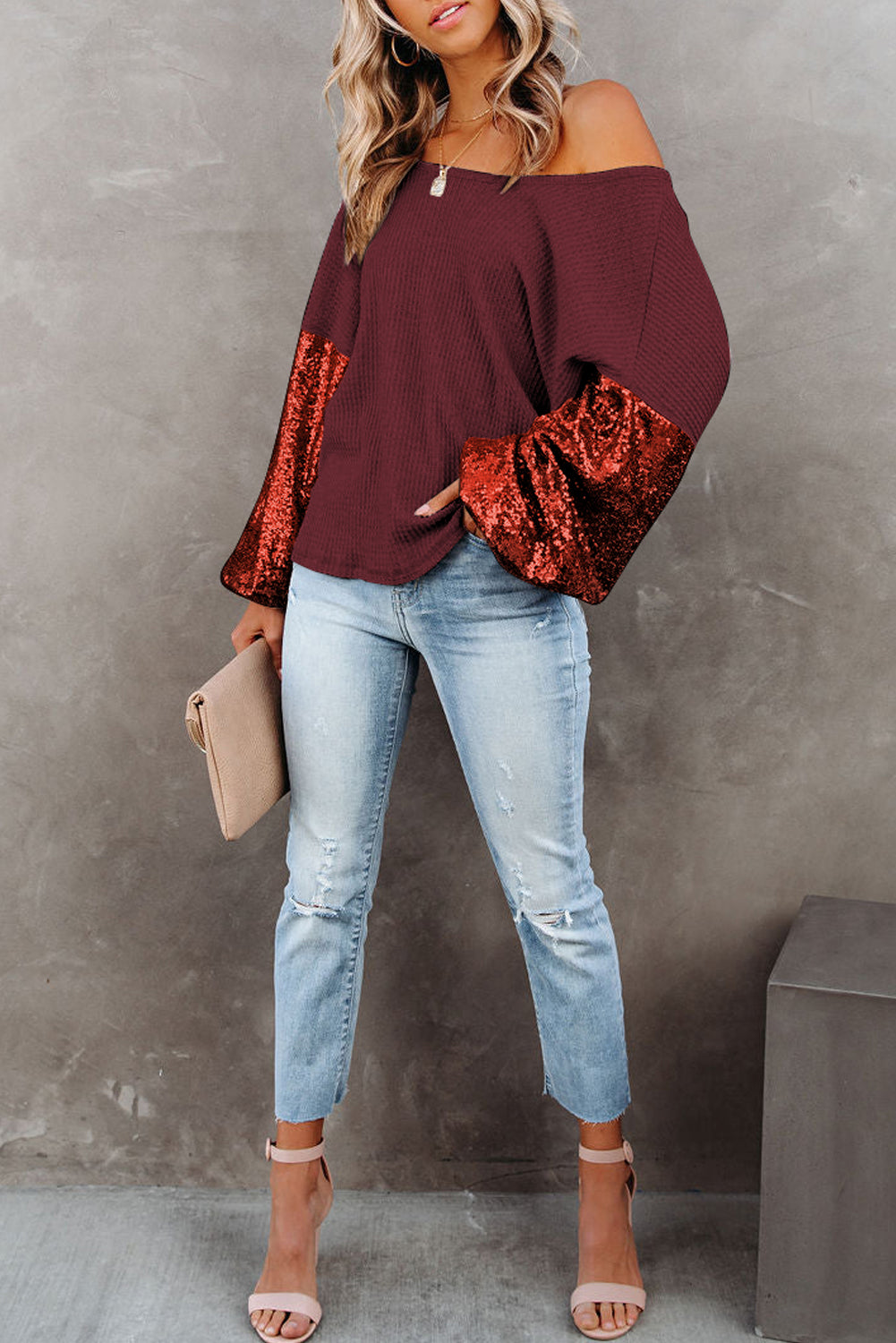 Biking Red Sequin Patchwork Sleeve Open Back Waffle Knit Top - Premium Tops from Momma Done Gone Crafty- Just $40.86! Shop now at Momma Done Gone Crafty