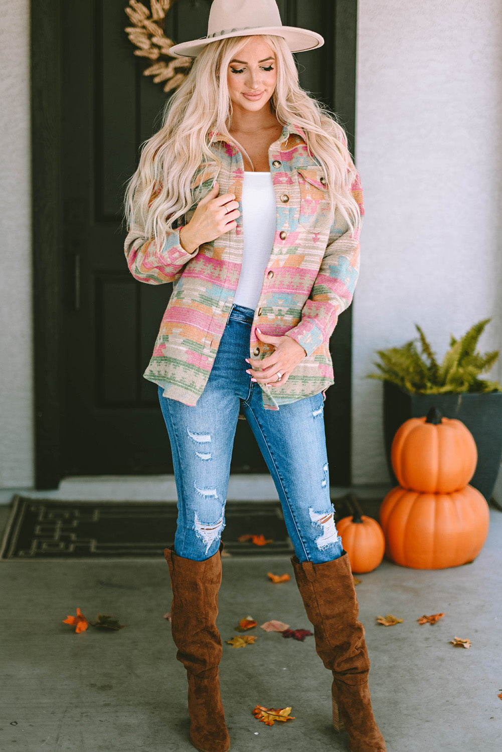 Multicolor Western Aztec Print Button Flap Pocket Shacket - Premium Outerwear from Momma Done Gone Crafty- Just $38.99! Shop now at Momma Done Gone Crafty