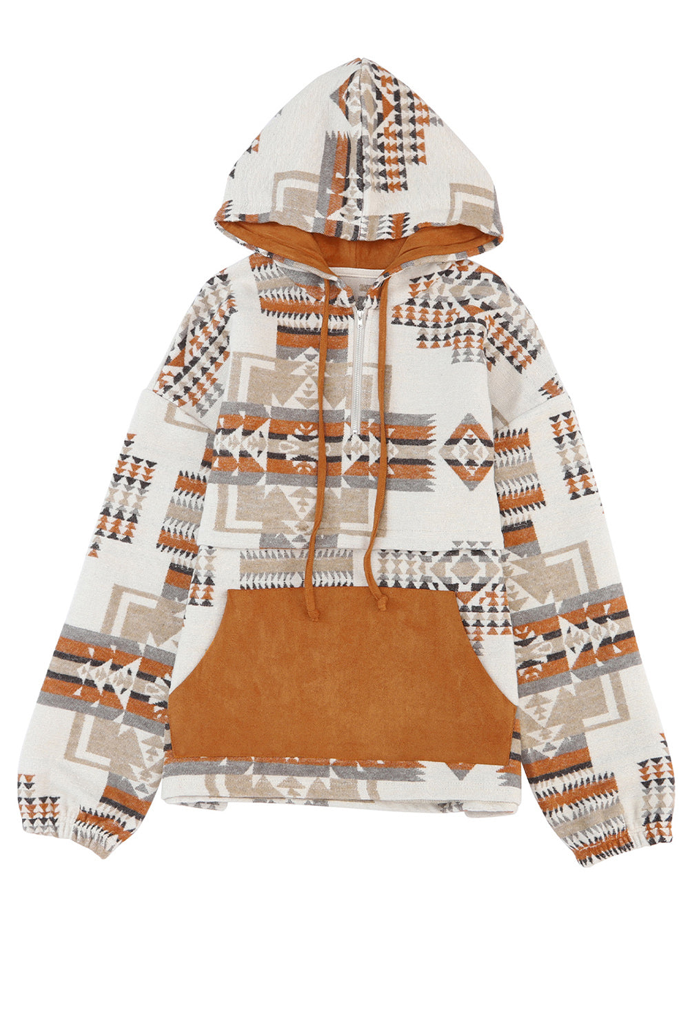 Beige Aztec Print Kangaroo Pocket Half-Zip Hoodie - Premium Tops from Momma Done Gone Crafty- Just $51.46! Shop now at Momma Done Gone Crafty