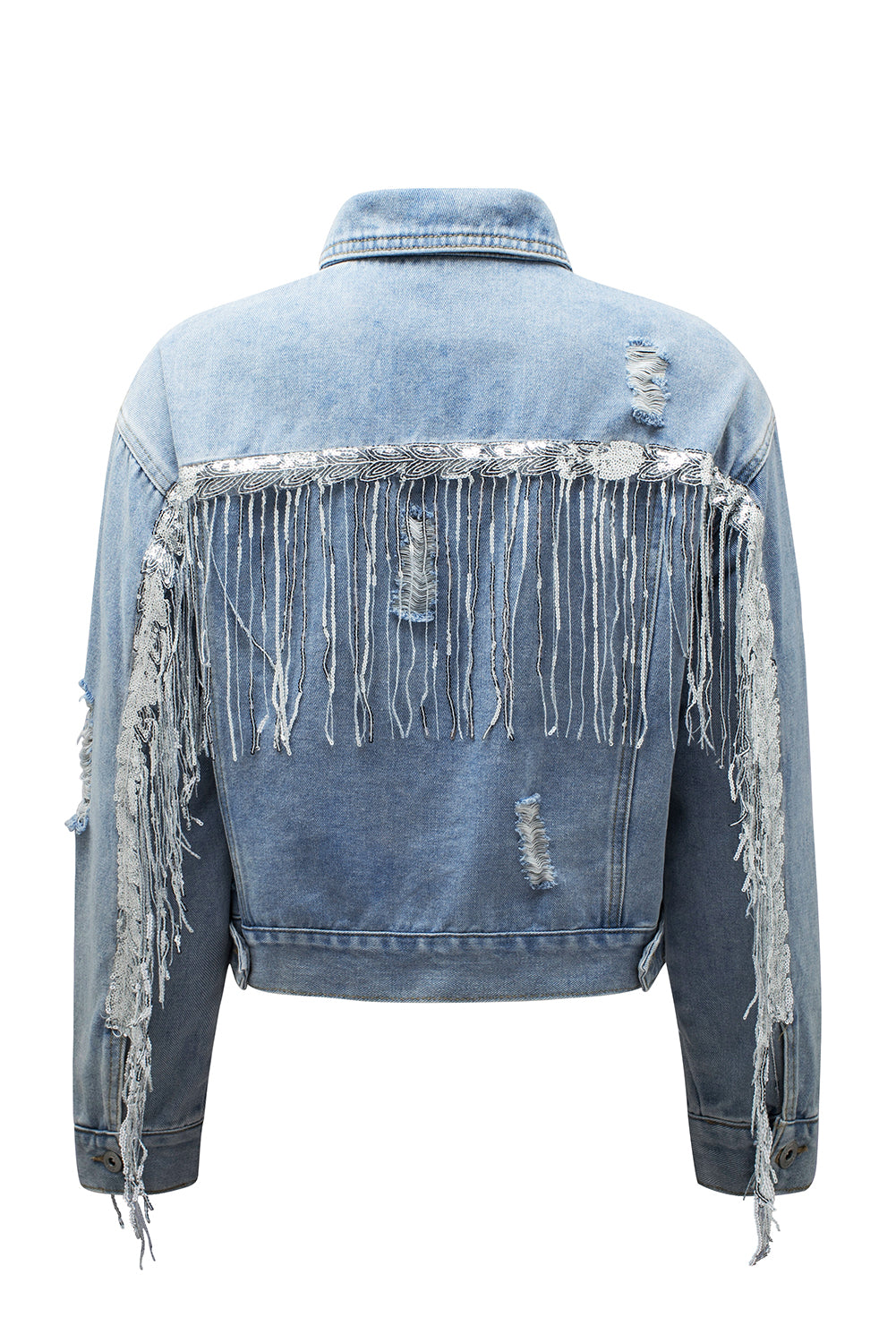 Sky Blue Sequin Embellished Fringe Distressed Denim Jacket - Premium Outerwear from Momma Done Gone Crafty- Just $52.80! Shop now at Momma Done Gone Crafty