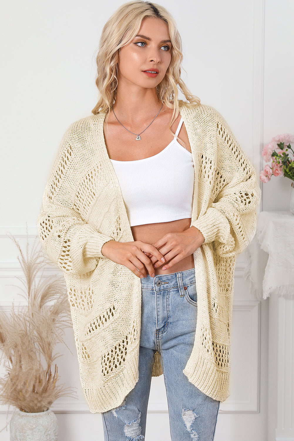 Apricot Casual Hollowed Knit Dolman Sleeve Cardigan - Premium Tops from Momma Done Gone Crafty- Just $56.40! Shop now at Momma Done Gone Crafty