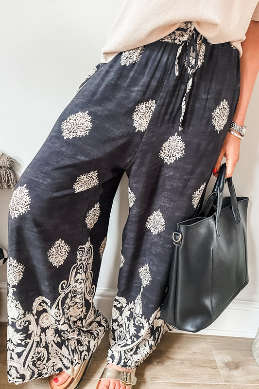 Black Bohemian Printed Drawstring Waist Wide Leg Pants - Premium Bottoms/Pants & Culotte from Momma Done Gone Crafty- Just $21.75! Shop now at Momma Done Gone Crafty