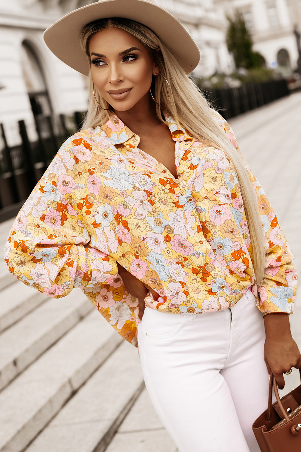 Yellow Floral Print Turn Down Collar Loose Shirt - Premium Tops from Momma Done Gone Crafty- Just $40.20! Shop now at Momma Done Gone Crafty