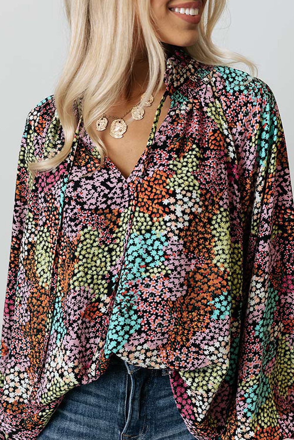 Multicolor Vibrant Floral Tie V Neck Puff Sleeve Blouse - Premium Tops from Momma Done Gone Crafty- Just $34.00! Shop now at Momma Done Gone Crafty