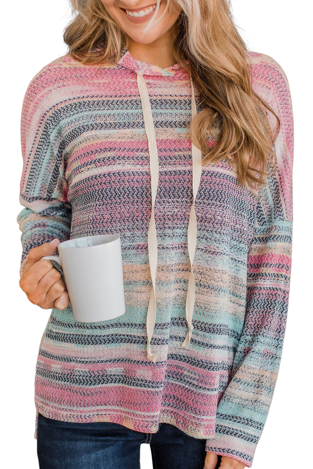 Multicolor Striped Print Cable Knit Drop Shoulder Hoodie - Premium Tops from Momma Done Gone Crafty- Just $21.99! Shop now at Momma Done Gone Crafty