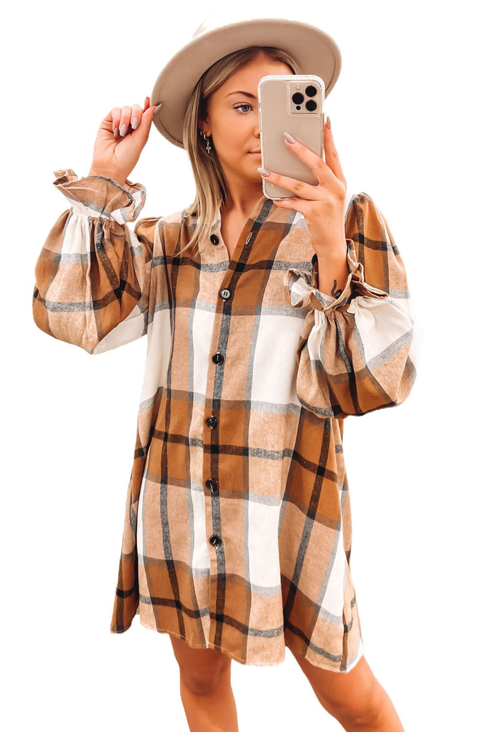 Khaki Plaid Pattern Collared Neck Ruffled Sleeve Shirt Dress - Premium Dresses from Momma Done Gone Crafty- Just $23.70! Shop now at Momma Done Gone Crafty