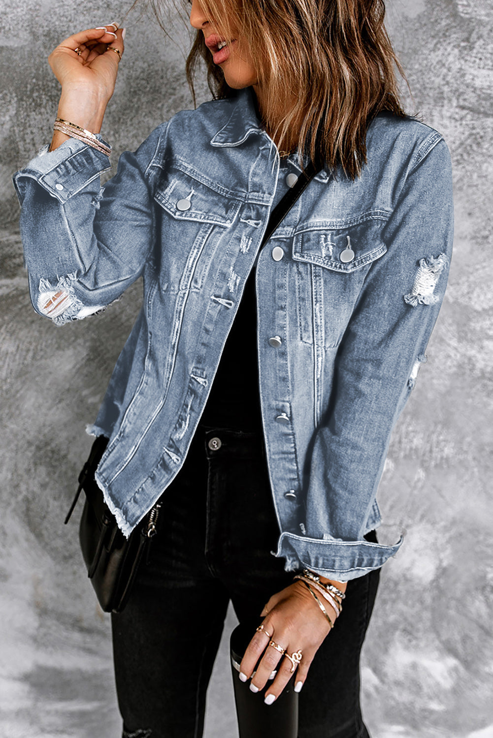 Sky Blue Lapel Distressed Raw Hem Buttons Denim Jacket - Premium Outerwear from Momma Done Gone Crafty- Just $44.00! Shop now at Momma Done Gone Crafty