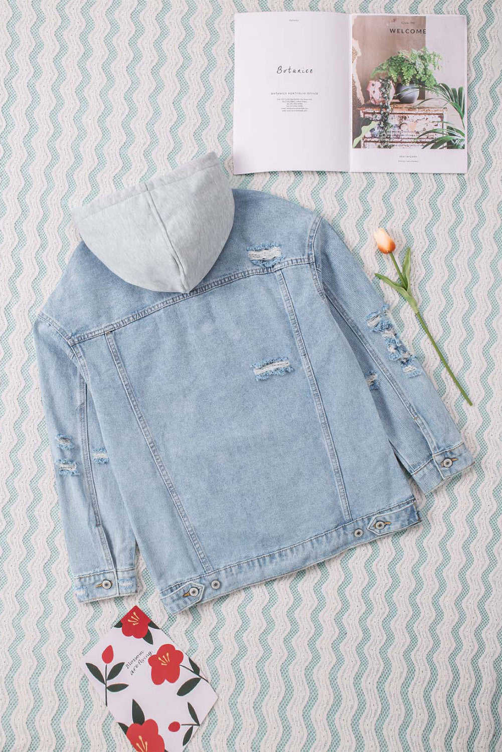 Sky Blue Button Closure Ripped Hooded Denim Jacket - Premium Outerwear from Momma Done Gone Crafty- Just $60.00! Shop now at Momma Done Gone Crafty