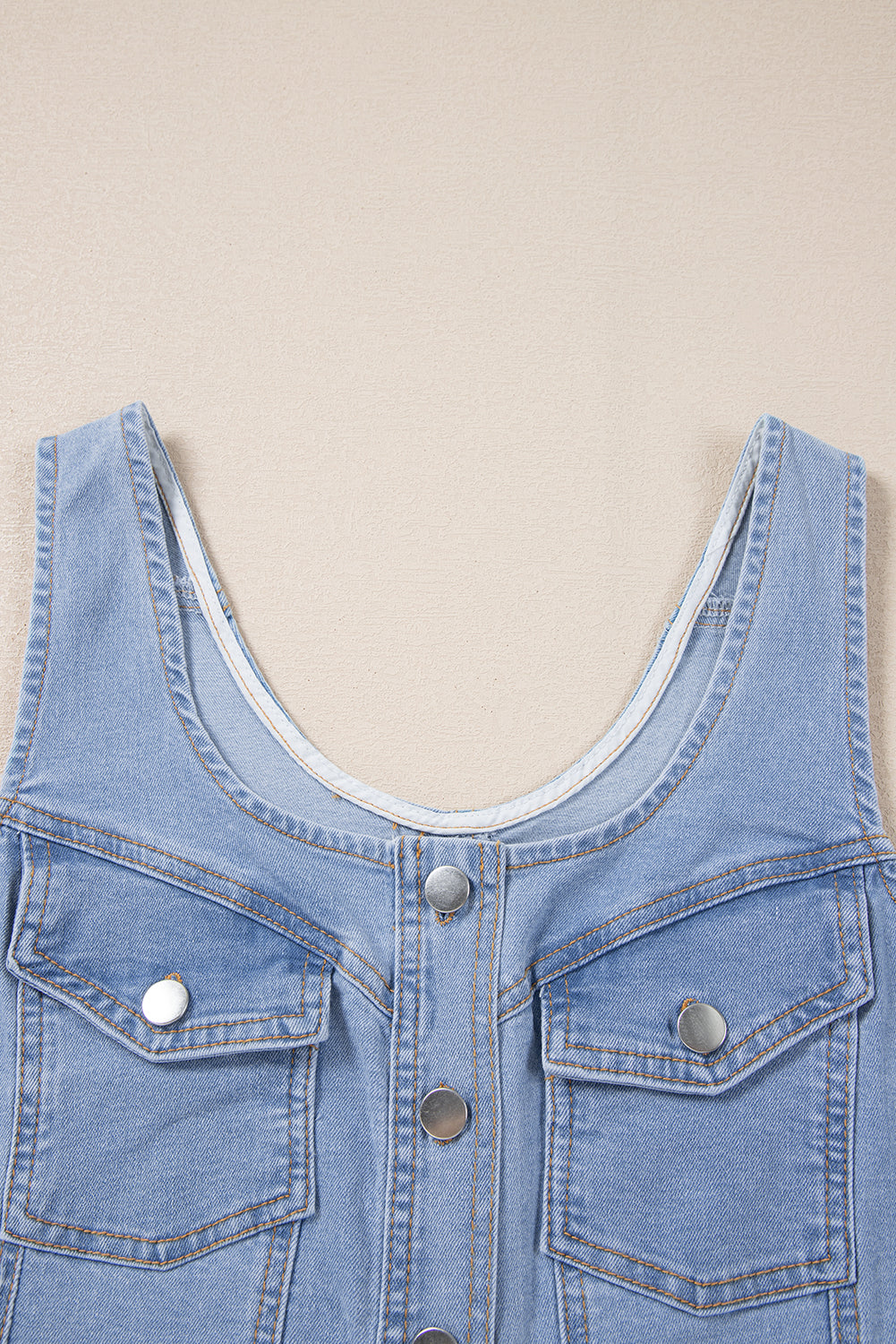 Beau Blue Light Wash Denim Buttoned Front Chest Pockets Sleeveless Slim Mini Dress - Premium Dresses/Mini Dresses from Momma Done Gone Crafty- Just $55! Shop now at Momma Done Gone Crafty