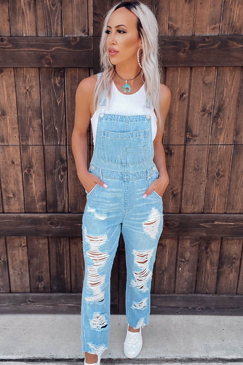 Sky Blue Constructed Bib Pocket Distressed Denim Overalls - Premium Bottoms from Momma Done Gone Crafty- Just $65.99! Shop now at Momma Done Gone Crafty