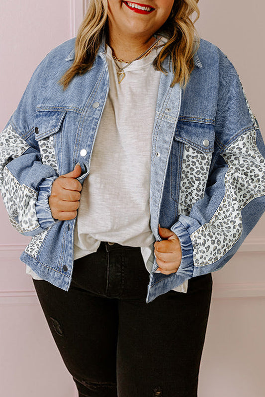 Beau Blue Leopard Patchwork Flap Detail Plus Size Denim Jacket - Premium Plus Size/Plus Size Outerwear from Momma Done Gone Crafty- Just $46.80! Shop now at Momma Done Gone Crafty