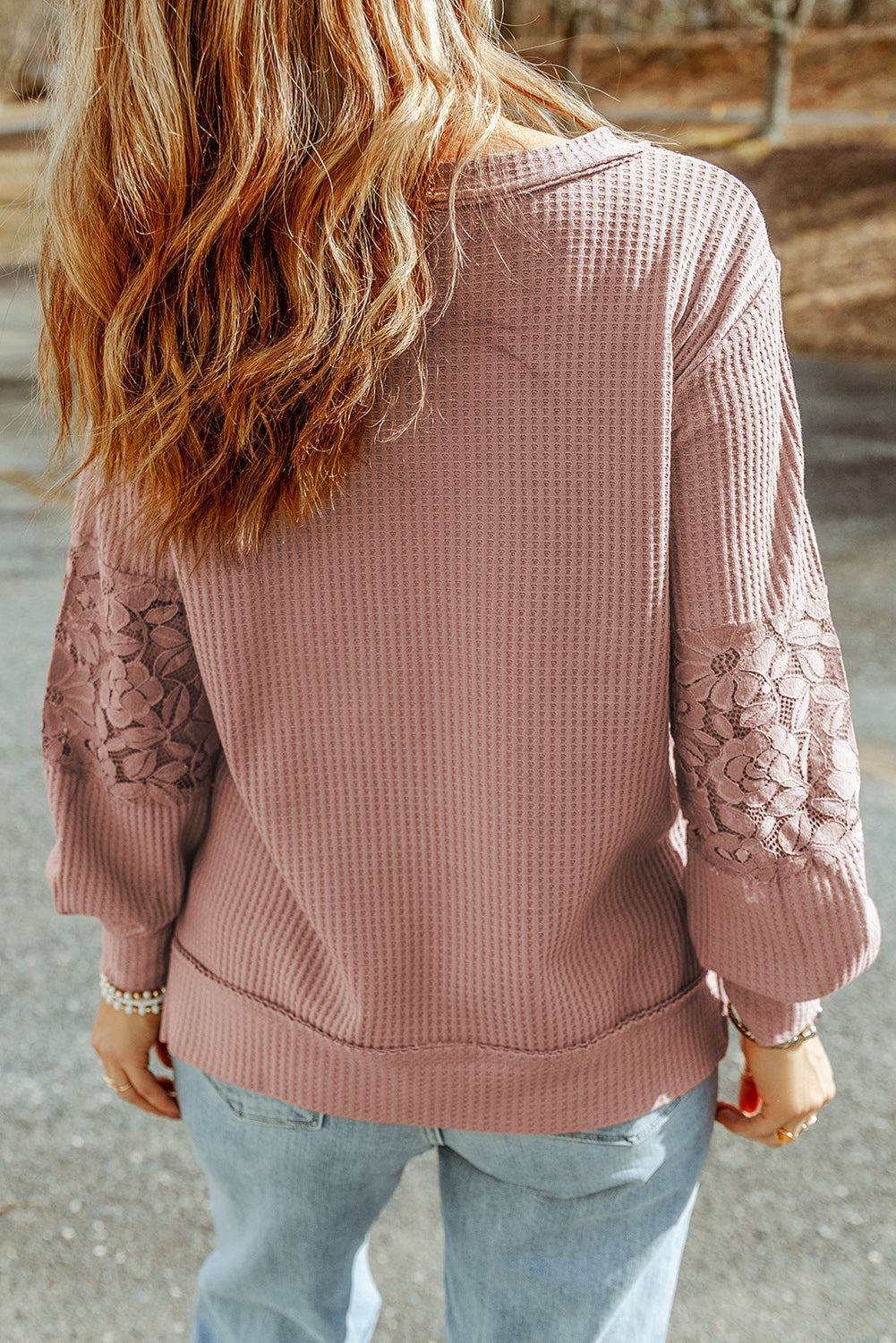 Pink Lace Waffle Patchwork Strappy V Neck Long Sleeve Top - Premium Tops from Momma Done Gone Crafty- Just $38.40! Shop now at Momma Done Gone Crafty