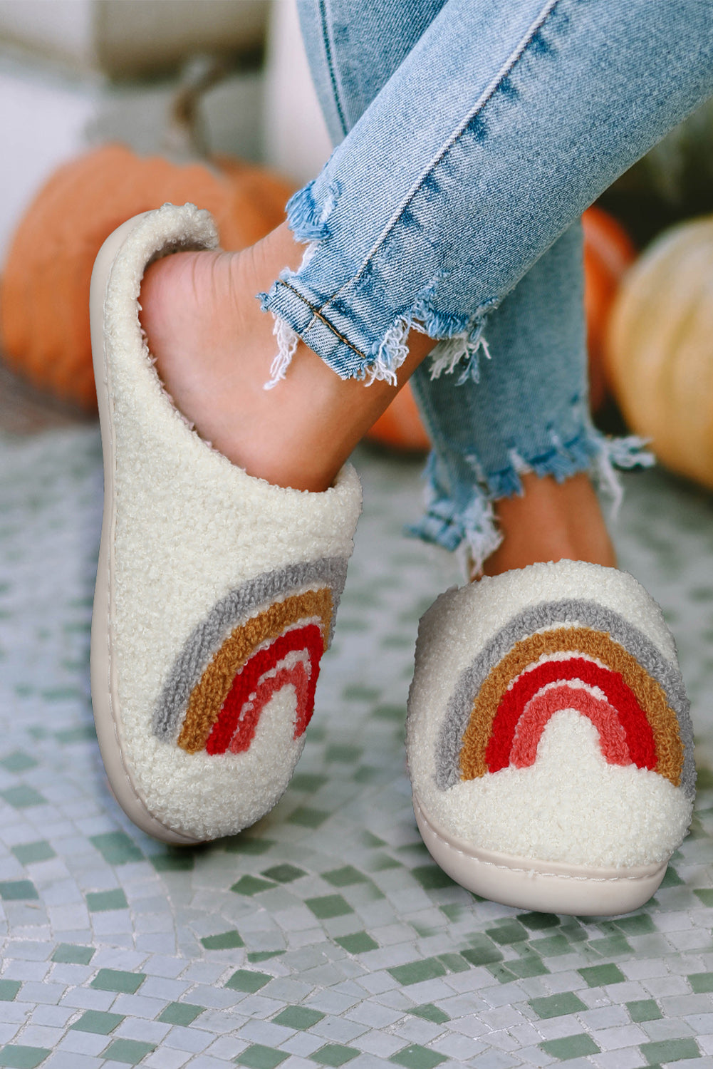 White Rainbow Plush Winter Home Slippers - Premium Shoes & Bags from Momma Done Gone Crafty- Just $21.99! Shop now at Momma Done Gone Crafty