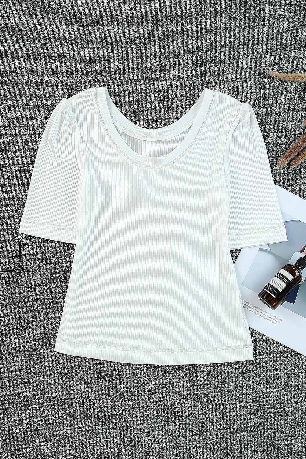 White Round Neck Half Sleeve Ribbed Knit Top - Premium Tops from Momma Done Gone Crafty- Just $56.70! Shop now at Momma Done Gone Crafty