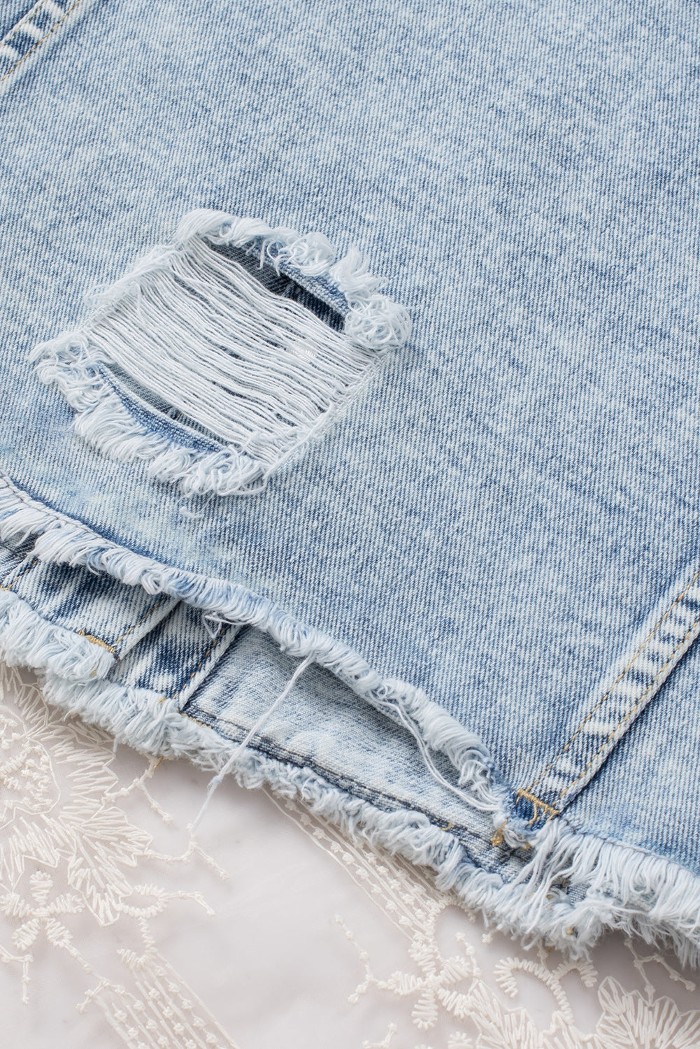 Sky Blue Lapel Distressed Raw Hem Buttons Denim Jacket - Premium Outerwear from Momma Done Gone Crafty- Just $44.00! Shop now at Momma Done Gone Crafty