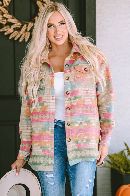 Multicolor Western Aztec Print Button Flap Pocket Shacket - Premium Outerwear from Momma Done Gone Crafty- Just $38.99! Shop now at Momma Done Gone Crafty