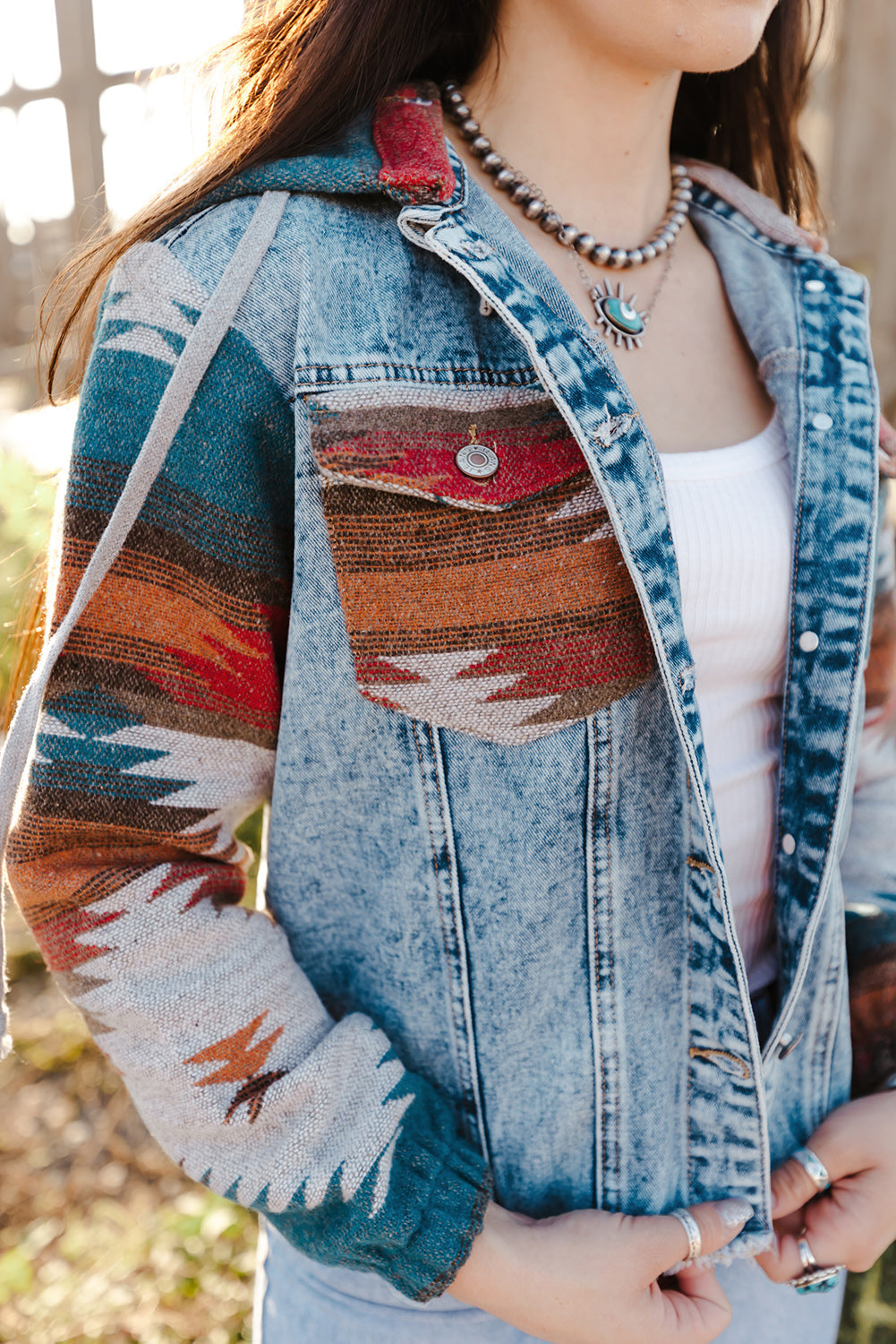 Multicolor Aztec Print Frayed Hem Denim Jacket - Premium Outerwear from Momma Done Gone Crafty- Just $46.00! Shop now at Momma Done Gone Crafty