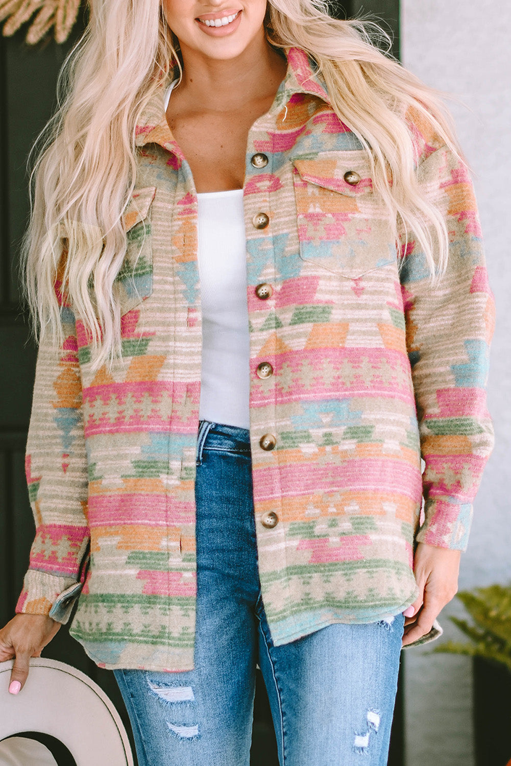 Multicolor Western Aztec Print Button Flap Pocket Shacket - Premium Outerwear from Momma Done Gone Crafty- Just $38.99! Shop now at Momma Done Gone Crafty