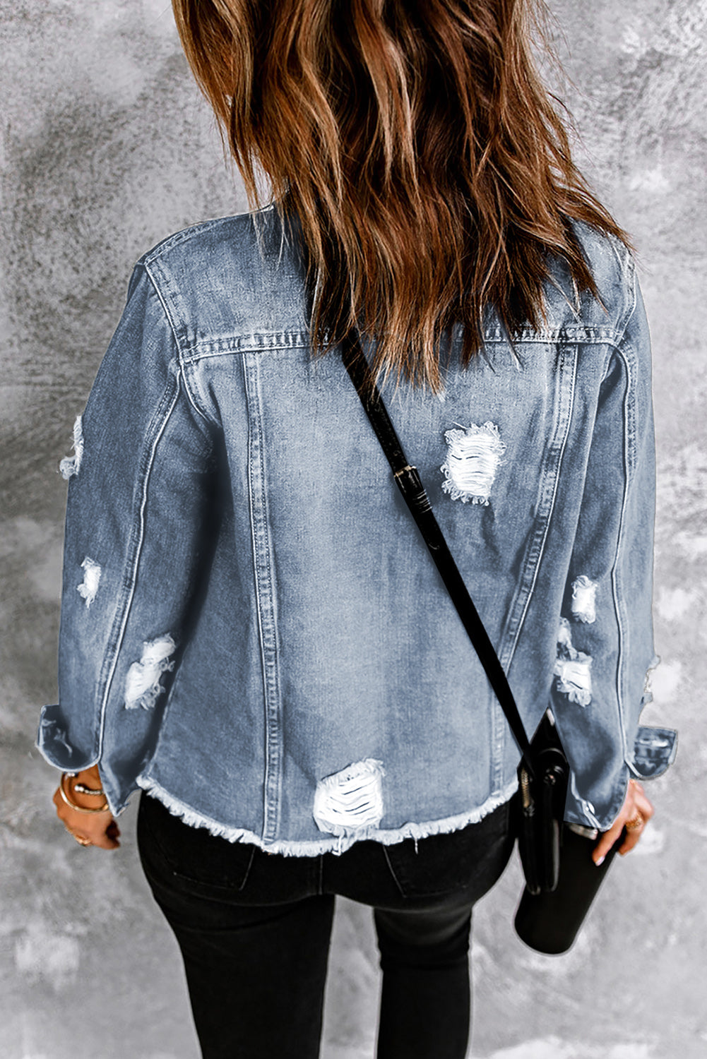 Sky Blue Lapel Distressed Raw Hem Buttons Denim Jacket - Premium Outerwear from Momma Done Gone Crafty- Just $44.00! Shop now at Momma Done Gone Crafty